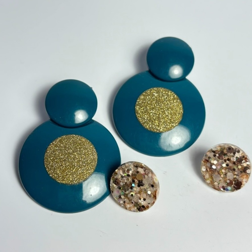 Earring Lot Vintage Blue Sparkly Doorknocker Costume Jewelry Acrylic Resin Party